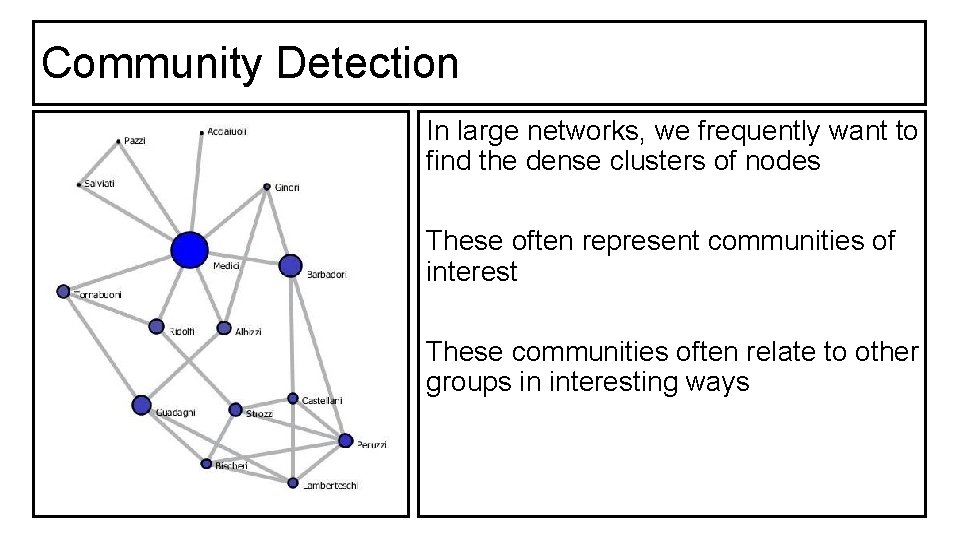 Community Detection In large networks, we frequently want to find the dense clusters of