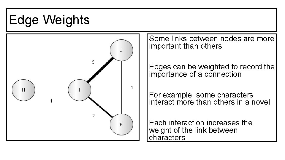 Edge Weights Some links between nodes are more important than others Edges can be