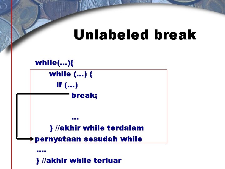 Unlabeled break while(…){ while (…) { if (…) break; … } //akhir while terdalam