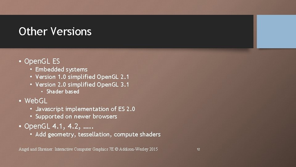 Other Versions • Open. GL ES • Embedded systems • Version 1. 0 simplified Other Versions • Open. GL ES • Embedded systems • Version 1. 0 simplified