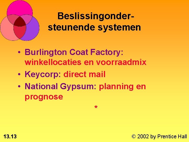 Beslissingondersteunende systemen • Burlington Coat Factory: winkellocaties en voorraadmix • Keycorp: direct mail •