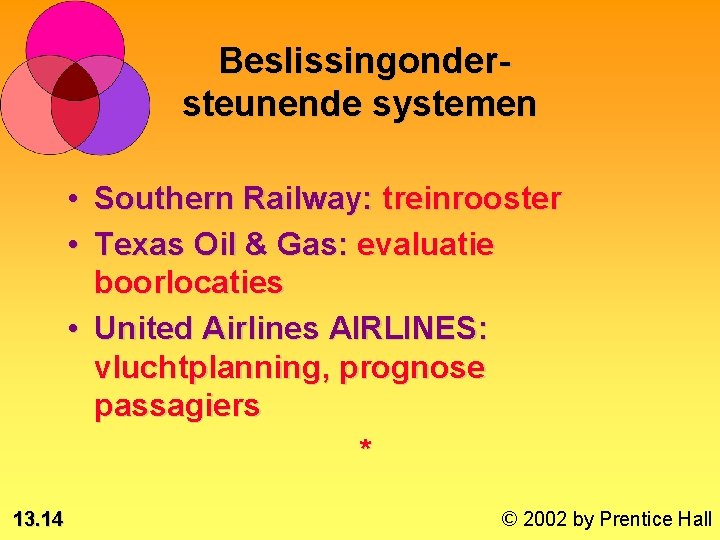 Beslissingondersteunende systemen • Southern Railway: treinrooster • Texas Oil & Gas: evaluatie boorlocaties •