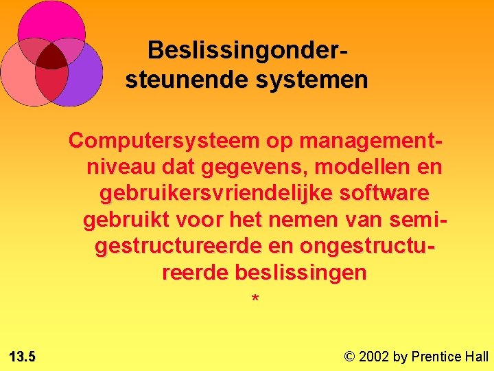 Beslissingondersteunende systemen Computersysteem op managementniveau dat gegevens, modellen en gebruikersvriendelijke software gebruikt voor het