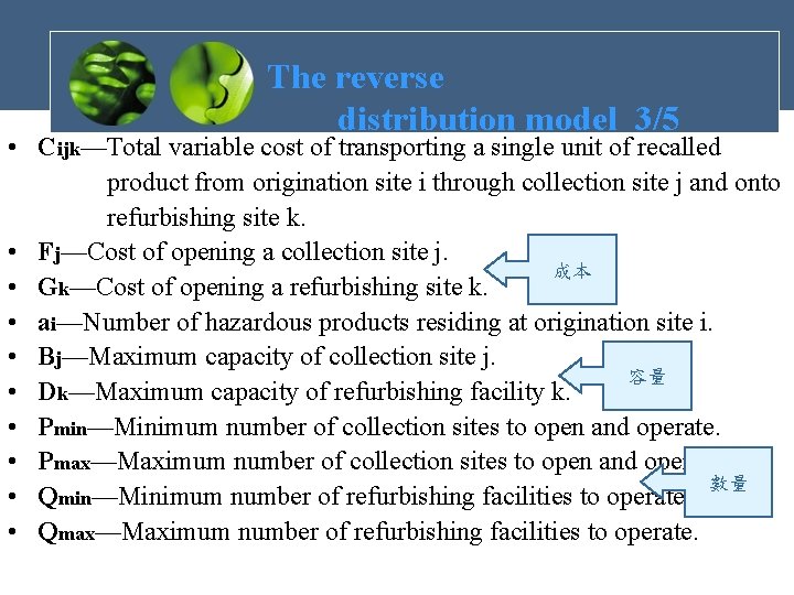 The reverse distribution model 3/5 • Cijk––Total variable cost of transporting a single unit