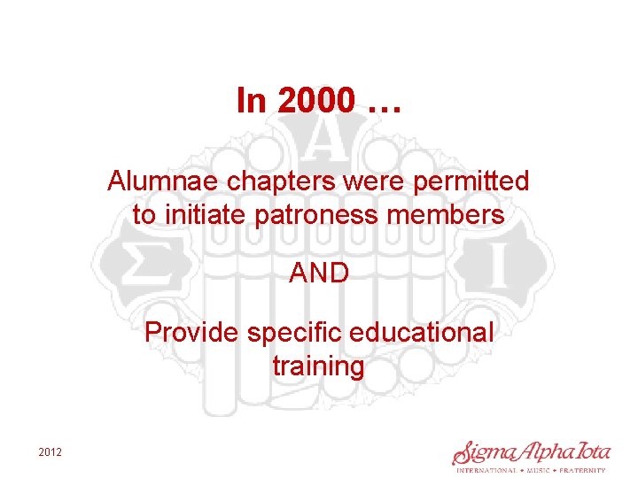 In 2000 … Alumnae chapters were permitted to initiate patroness members AND Provide specific