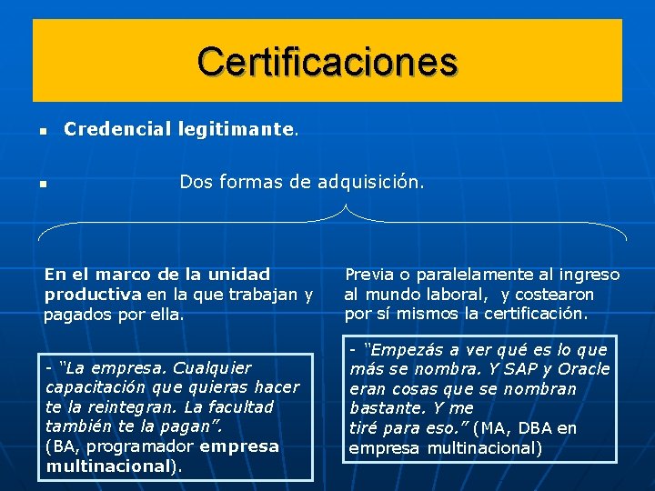 Certificaciones n n Credencial legitimante. Dos formas de adquisición. En el marco de la