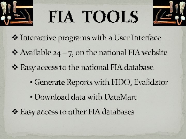 FIA TOOLS v Interactive programs with a User Interface v Available 24 – 7, FIA TOOLS v Interactive programs with a User Interface v Available 24 – 7,