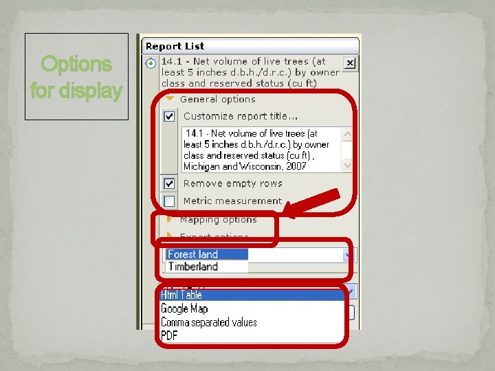 Options for display Options for display