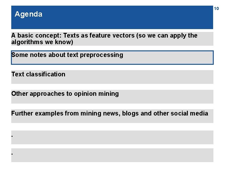 Agenda A basic concept: Texts as feature vectors (so we can apply the algorithms