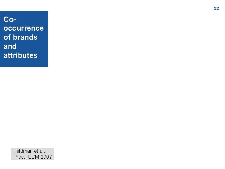 32 Cooccurrence of brands and attributes Feldman et al. , Proc. ICDM 2007 