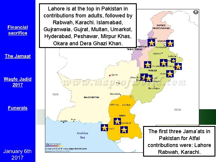 Lahore is at the top in Pakistan in contributions from adults, followed by Rabwah,