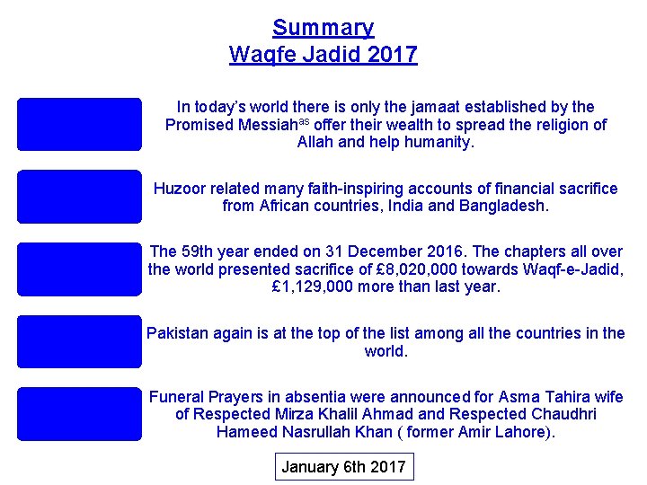 Summary Waqfe Jadid 2017 In today’s world there is only the jamaat established by