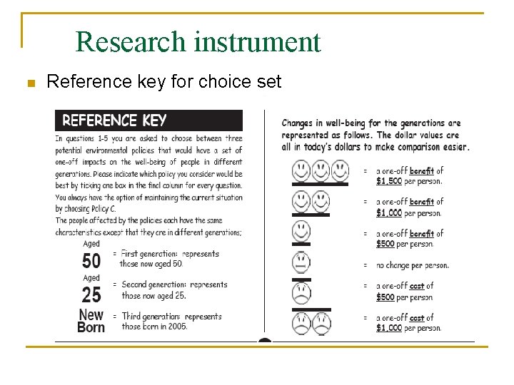 Research instrument n Reference key for choice set 