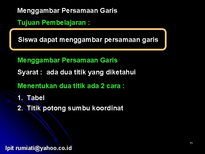 Menggambar Persamaan Garis Tujuan Pembelajaran : Siswa dapat menggambar persamaan garis Menggambar Persamaan Garis
