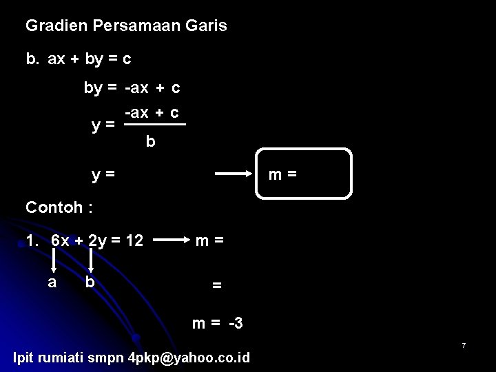 Gradien Persamaan Garis b. ax + by = c by = -ax + c