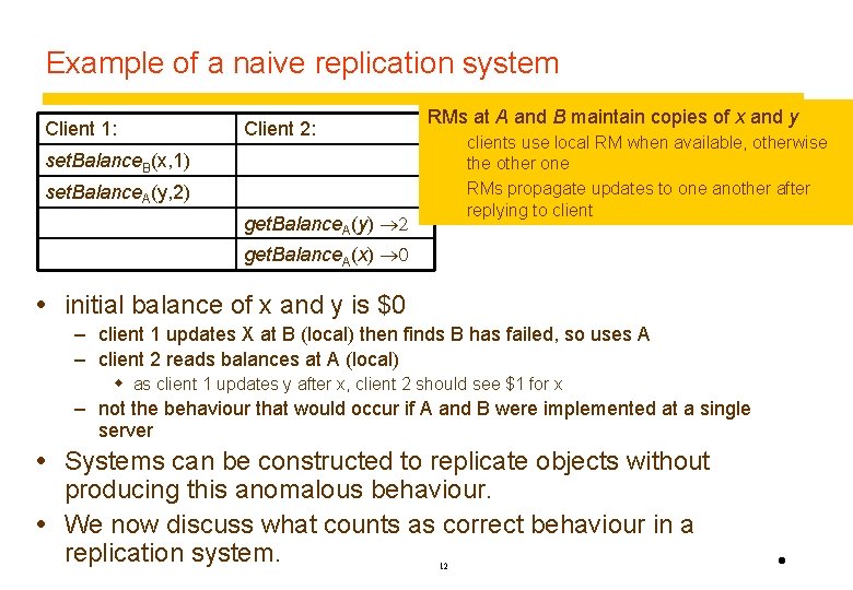 Example of a naive replication system Client 1: Client 2: RMs at A and