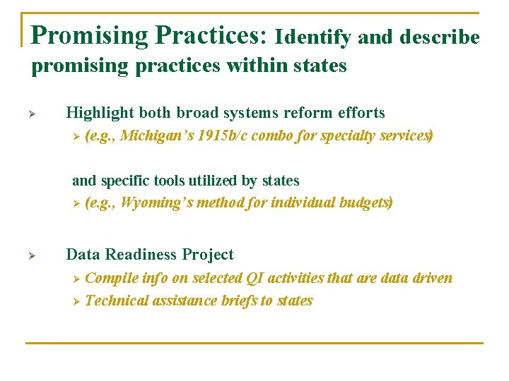 Promising Practices: Identify and describe promising practices within states Ø Highlight both broad systems