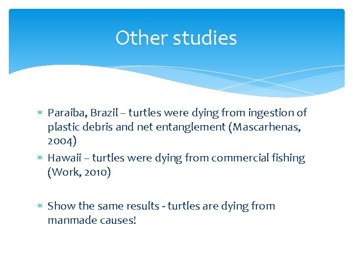 Other studies Paraiba, Brazil – turtles were dying from ingestion of plastic debris and