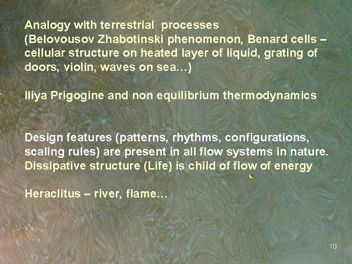 Analogy with terrestrial processes (Belovousov Zhabotinski phenomenon, Benard cells – cellular structure on heated