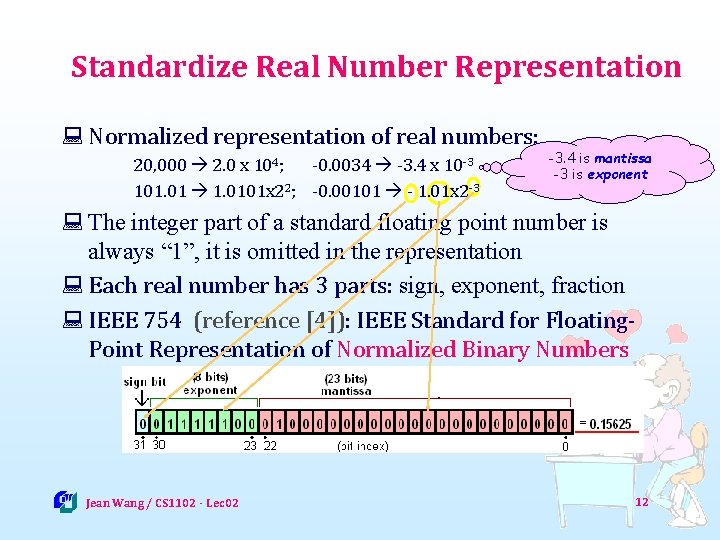 Standardize Real Number Representation : Normalized representation of real numbers: 20, 000 2. 0