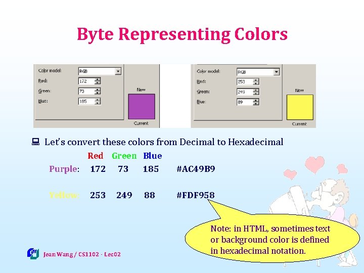 Byte Representing Colors : Let’s convert these colors from Decimal to Hexadecimal Red Green