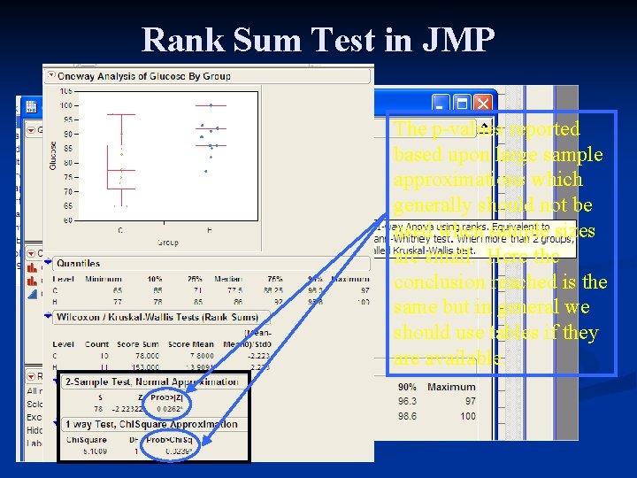 Rank Sum Test in JMP The p-values reported based upon large sample approximations which
