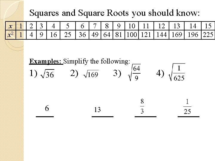 Squares and Square Roots you should know: x 1 2 3 4 x 2