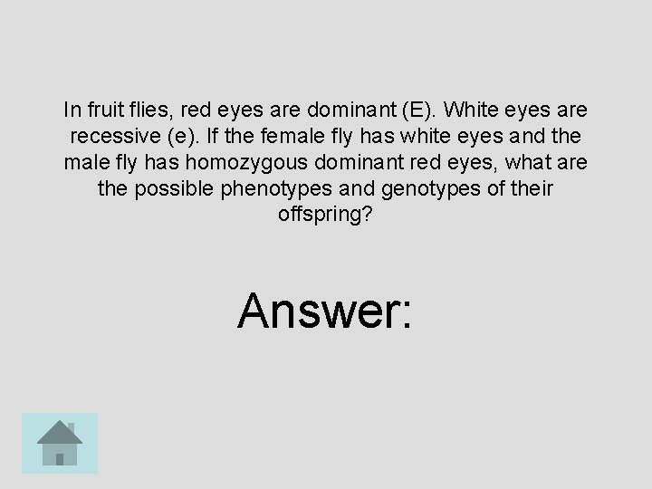 In fruit flies, red eyes are dominant (E). White eyes are recessive (e). If