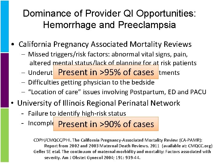 Dominance of Provider QI Opportunities: Hemorrhage and Preeclampsia • California Pregnancy Associated Mortality Reviews