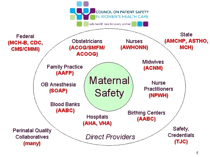 Federal (MCH-B, CDC, CMS/CMMI) Obstetricians (ACOG/SMFM/ ACOOG) Family Practice (AAFP) OB Anesthesia (SOAP) Midwives