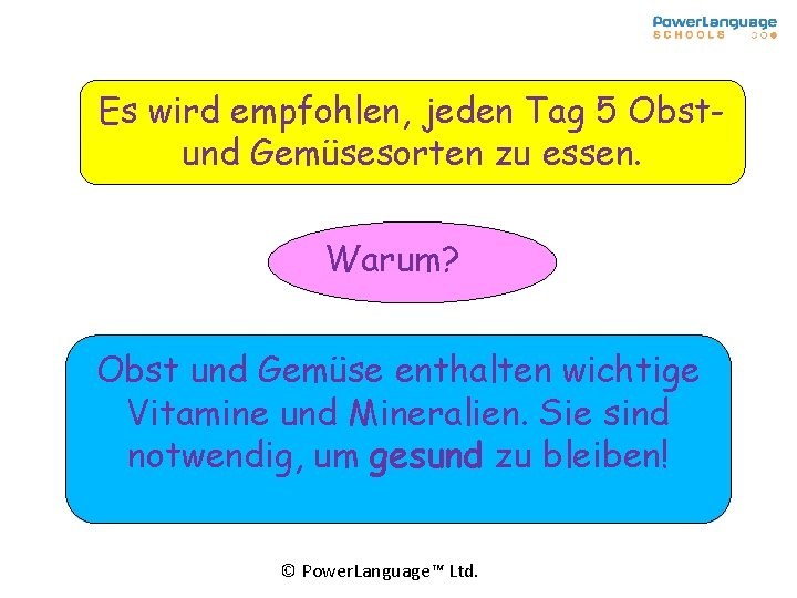 Es wird empfohlen, jeden Tag 5 Obstund Gemüsesorten zu essen. Warum? Obst und Gemüse