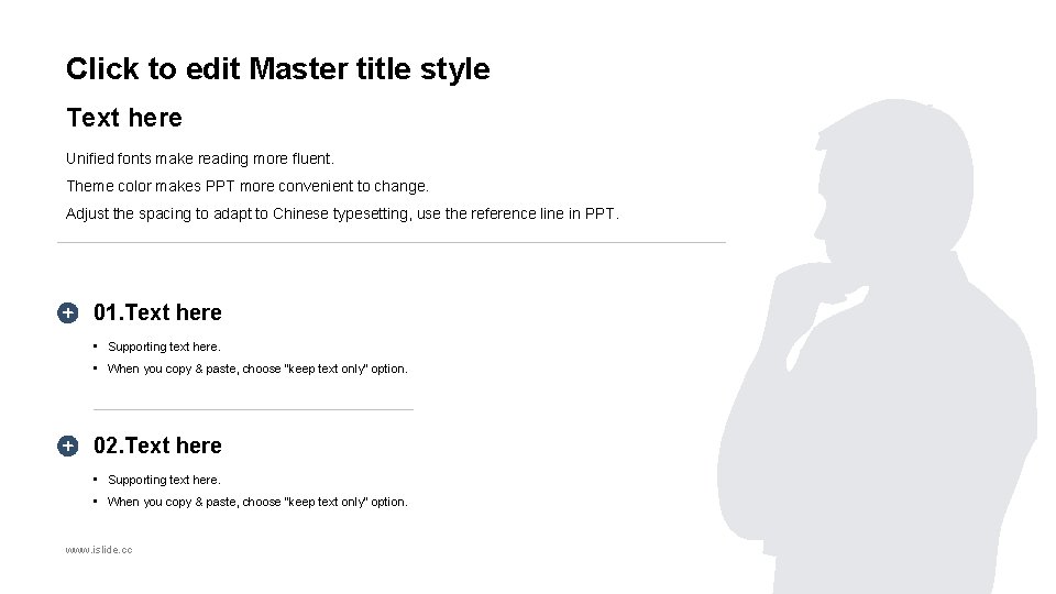 Click to edit Master title style Text here Unified fonts make reading more fluent.