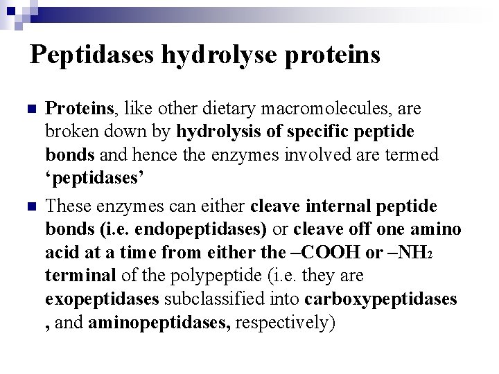Peptidases hydrolyse proteins n n Proteins, like other dietary macromolecules, are broken down by