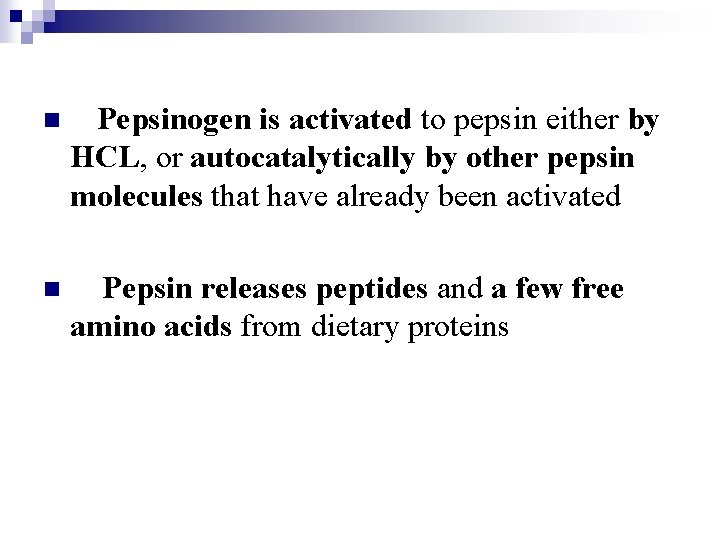 n Pepsinogen is activated to pepsin either by HCL, or autocatalytically by other pepsin