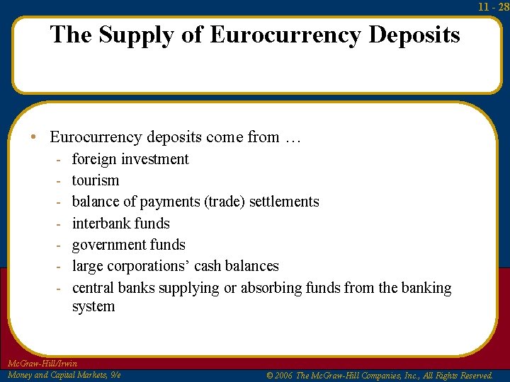 11 - 28 The Supply of Eurocurrency Deposits • Eurocurrency deposits come from …
