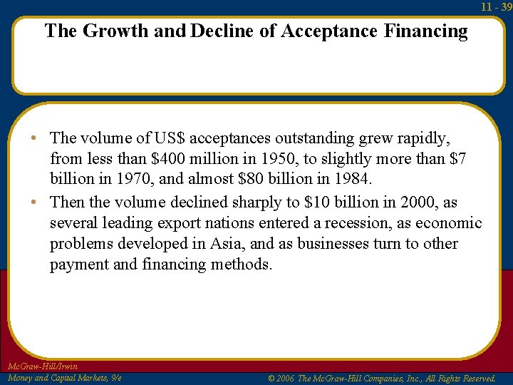 11 - 39 The Growth and Decline of Acceptance Financing • The volume of