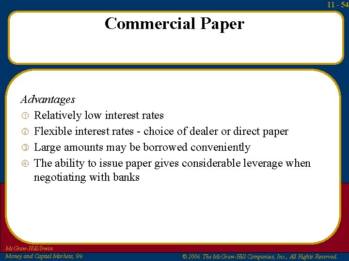 11 - 54 Commercial Paper Advantages Relatively low interest rates Flexible interest rates -