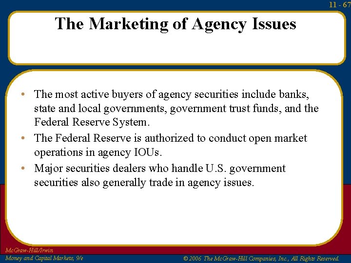 11 - 67 The Marketing of Agency Issues • The most active buyers of