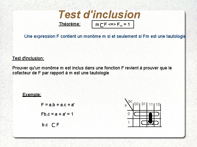 Test d'inclusion Théorème: m F <=> Fm = 1 Une expression F contient un