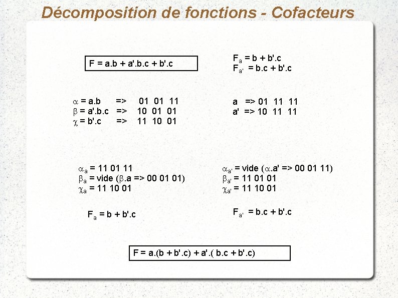 Décomposition de fonctions - Cofacteurs F = a. b + a'. b. c +