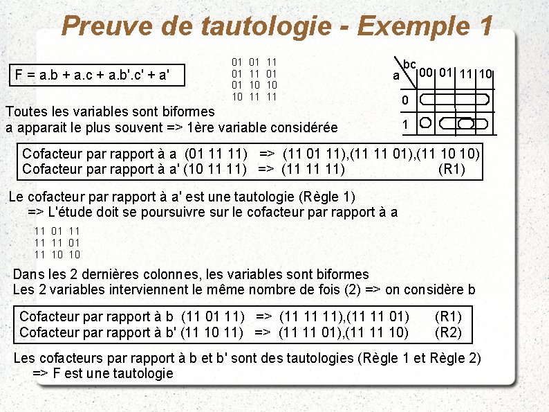 Preuve de tautologie - Exemple 1 F = a. b + a. c +