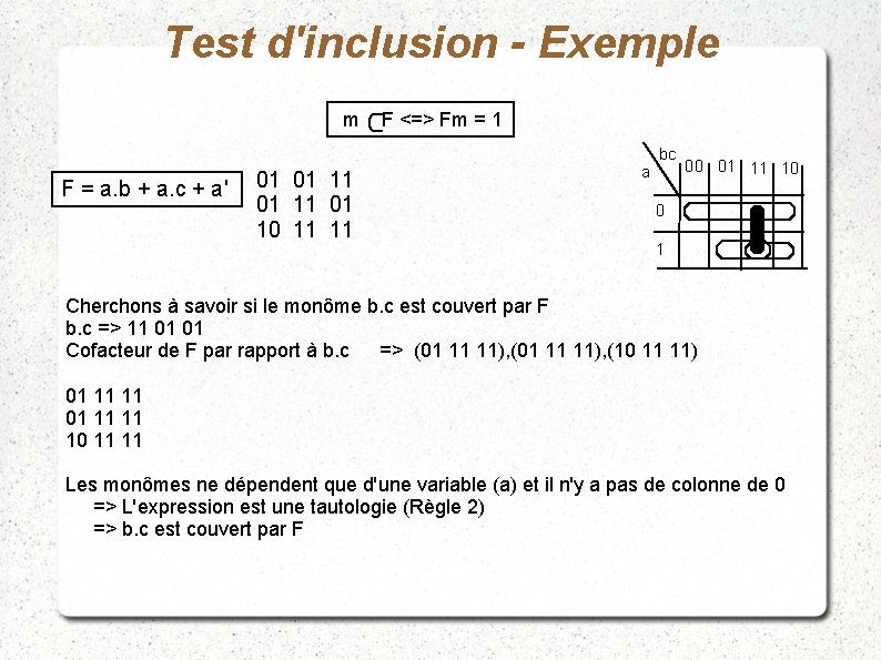 Test d'inclusion - Exemple m F = a. b + a. c + a'