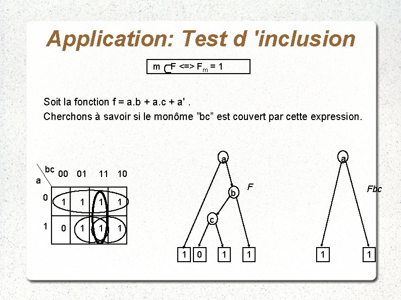 Application: Test d 'inclusion m F <=> Fm = 1 Soit la fonction f