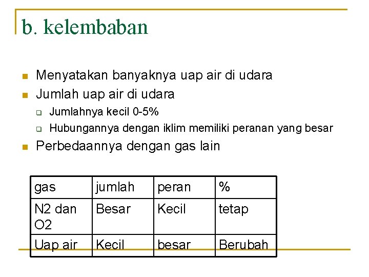 b. kelembaban n n Menyatakan banyaknya uap air di udara Jumlah uap air di