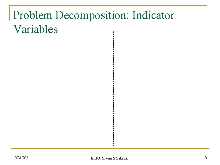 Problem Decomposition: Indicator Variables 10/31/2021 ARIO / Sheini & Sakallah 10 