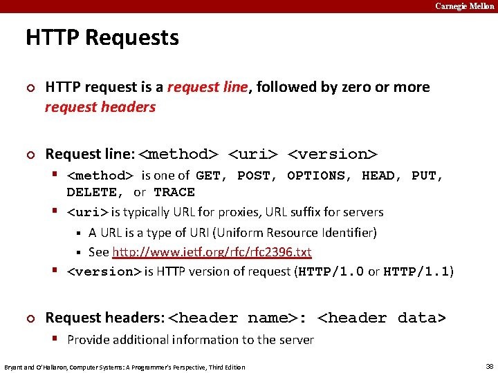 Carnegie Mellon HTTP Requests ¢ ¢ HTTP request is a request line, followed by