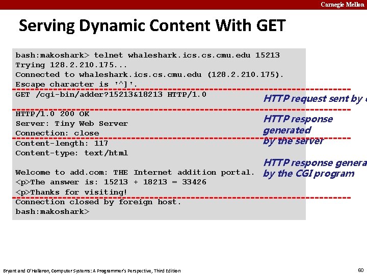 Carnegie Mellon Serving Dynamic Content With GET bash: makoshark> telnet whaleshark. ics. cmu. edu