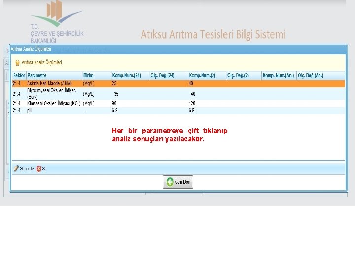 Her bir parametreye çift tıklanıp analiz sonuçları yazılacaktır. 