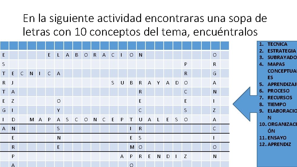 En la siguiente actividad encontraras una sopa de letras con 10 conceptos del tema,