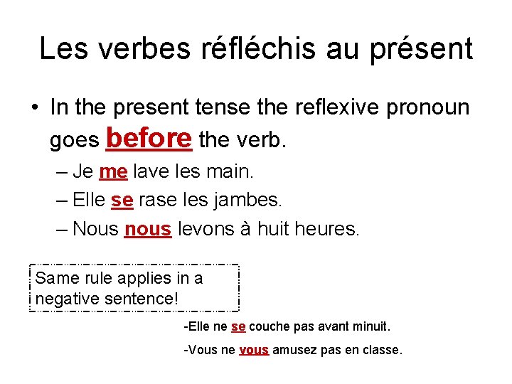 Les verbes réfléchis au présent • In the present tense the reflexive pronoun goes
